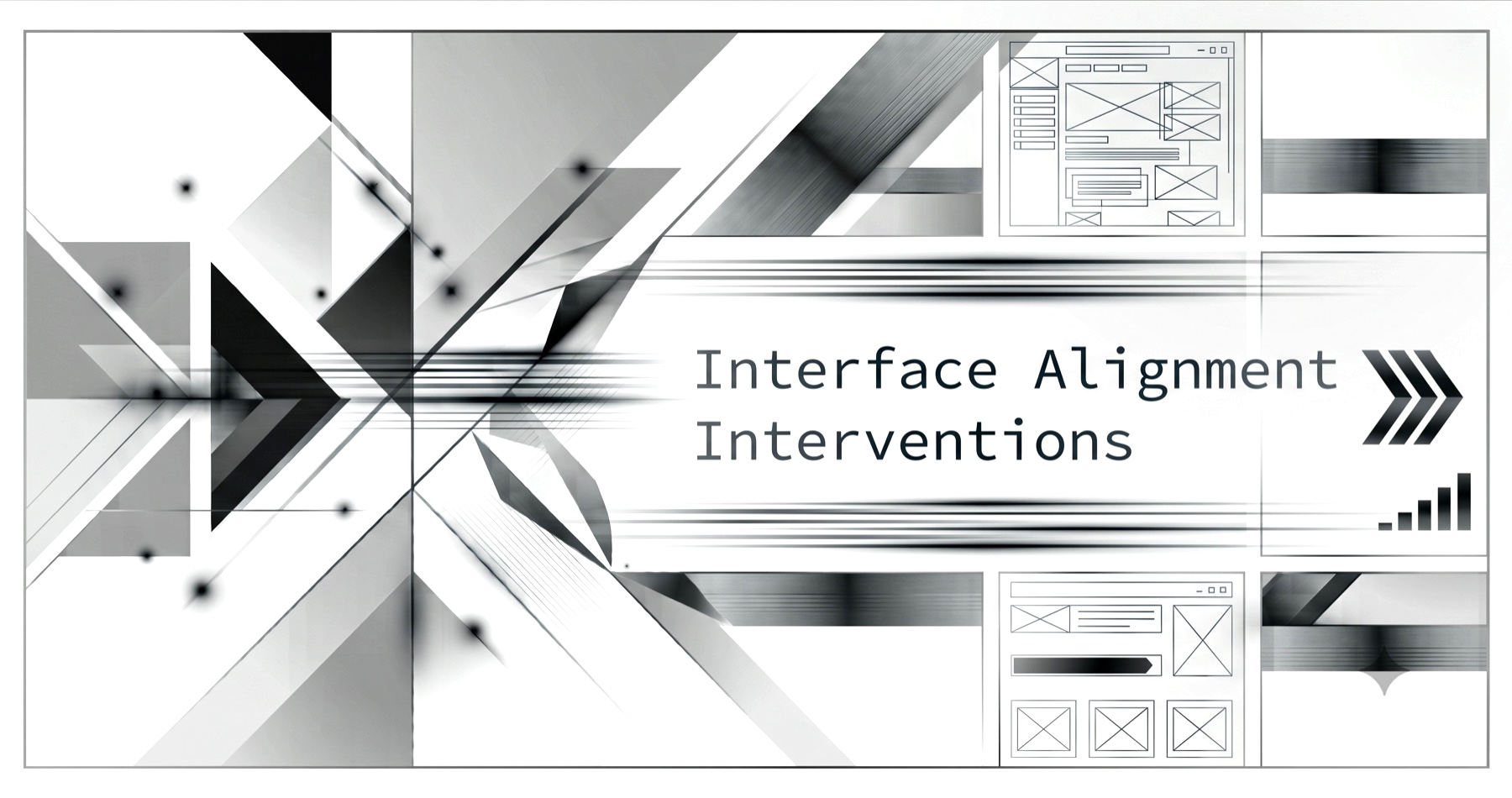 Interface Alignment Interventions — a monochrome banner of intersecting geometric planes, light streaks and wireframe interface panels